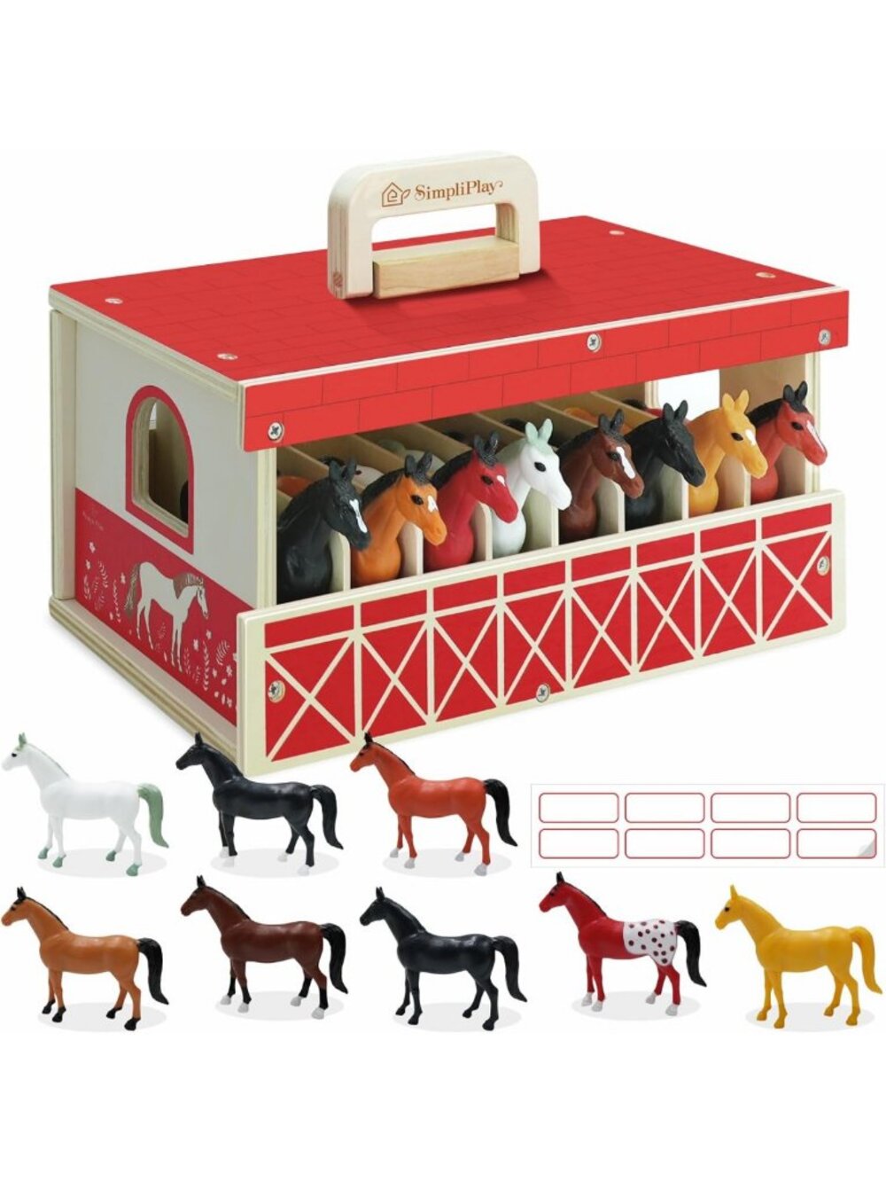 Wooden Horse Stable Playset - 8pc Horse Toys, Take-Along Stable & Stickers, Farm